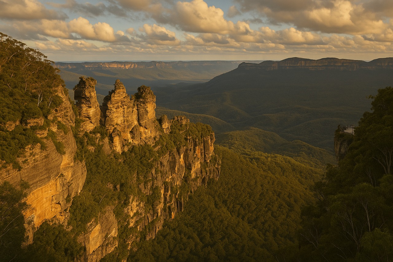 Sandstone cliffs and forested valleys in the Blue Mountains