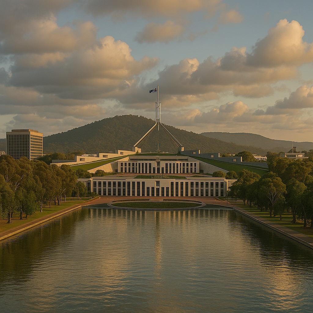 Lake and national buildings in Canberra