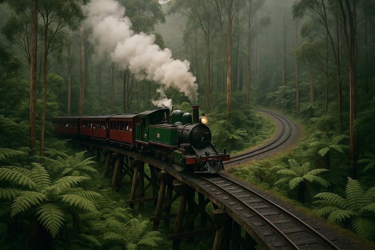 Rainforest ferns and hills in the Dandenong Ranges
