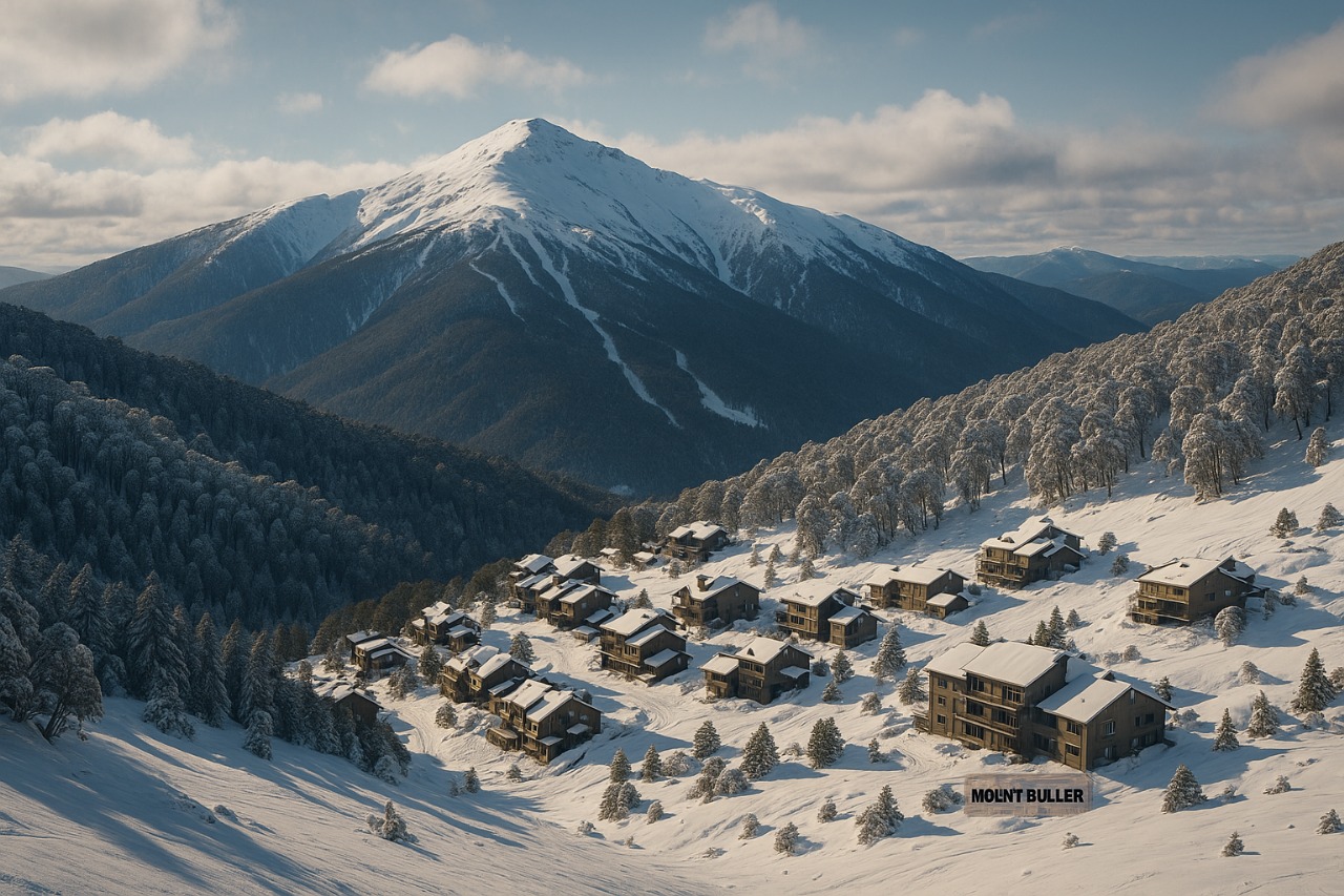 Snow covered slopes and alpine village at Mount Buller