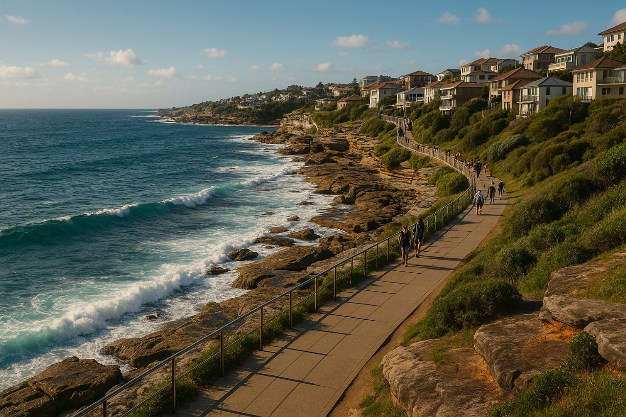 Clifftop pathway above Bondi style beaches in Sydney