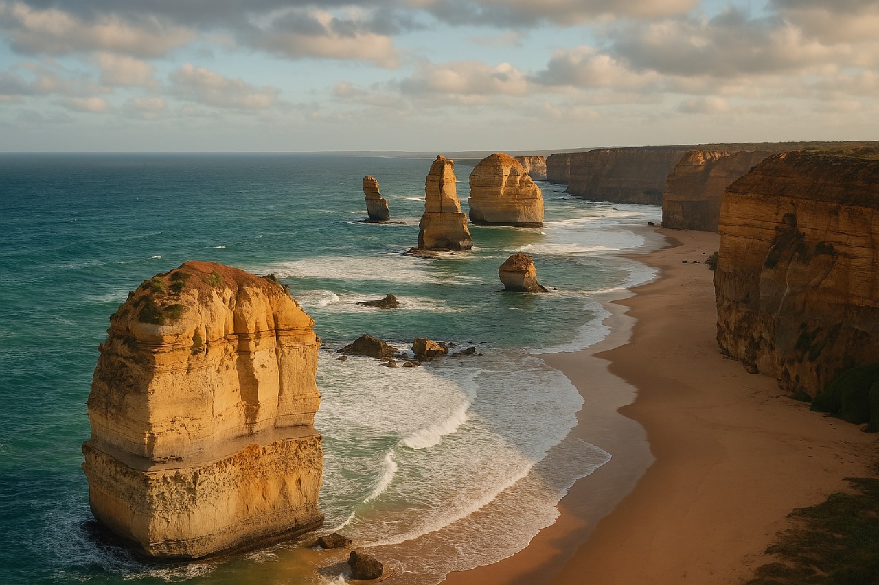 Sea stacks at the Twelve Apostles at sunset
